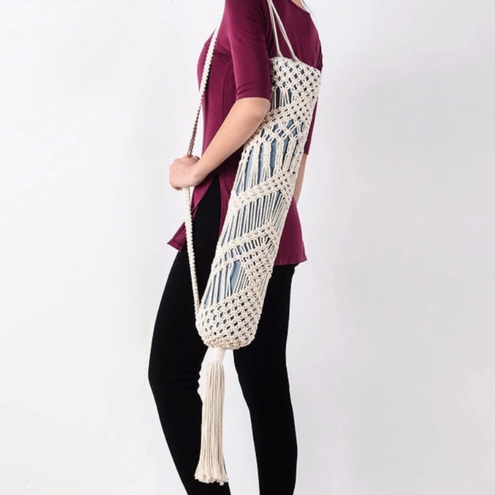 Macrame Yoga Bag Cotton Handmade w/ Tassel Fringe • Bohemian Yoga Accessories